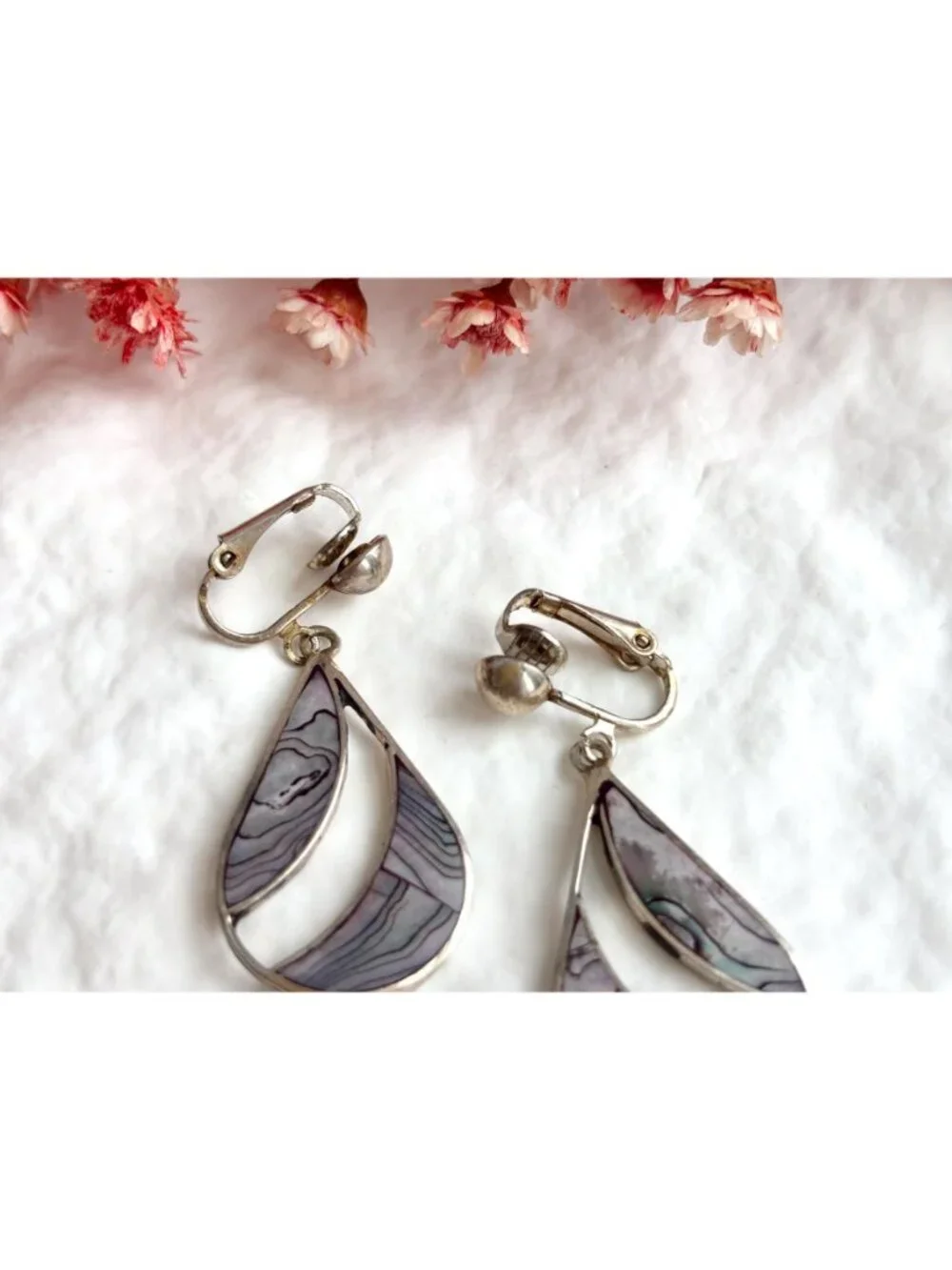 Abalone Inlaid Teardrop Clip On Alpaca Silver Plated Drop Southwest Earrings
